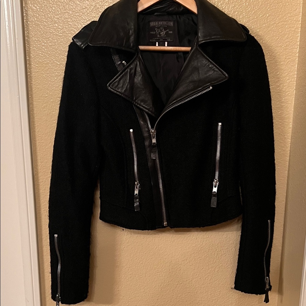 True Religion Black Leather Jacket with Zipper Accents